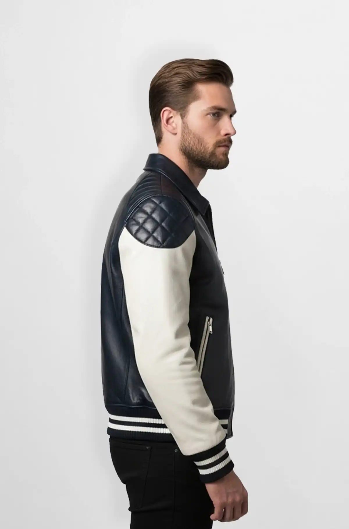The Navy And White Leather Varsity Jacket
