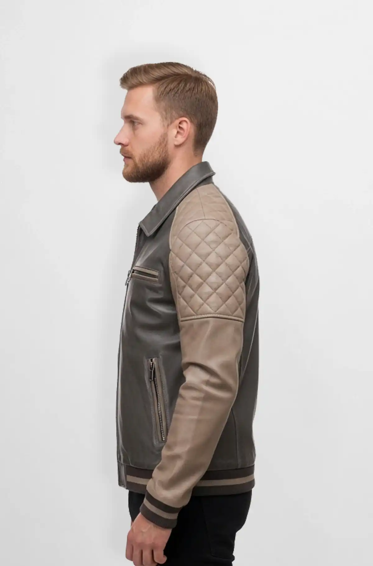 The Stone And Taupe Leather Varsity Jacket
