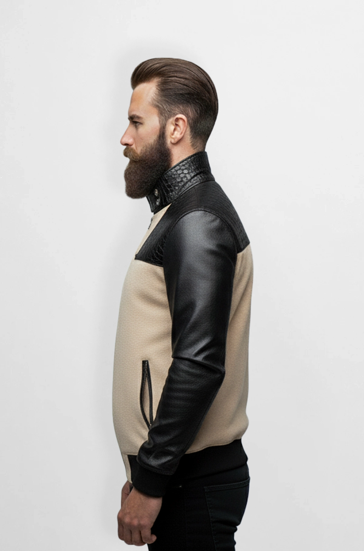Trim Beige Crocodile Wool Leather Bomber Jacket