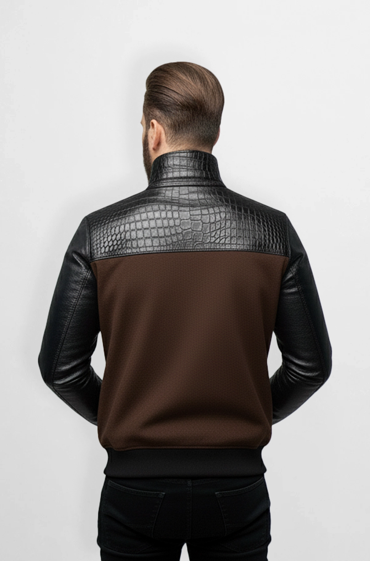 Trim Dark Brown Crocodile Wool Leather Bomber Jacket
