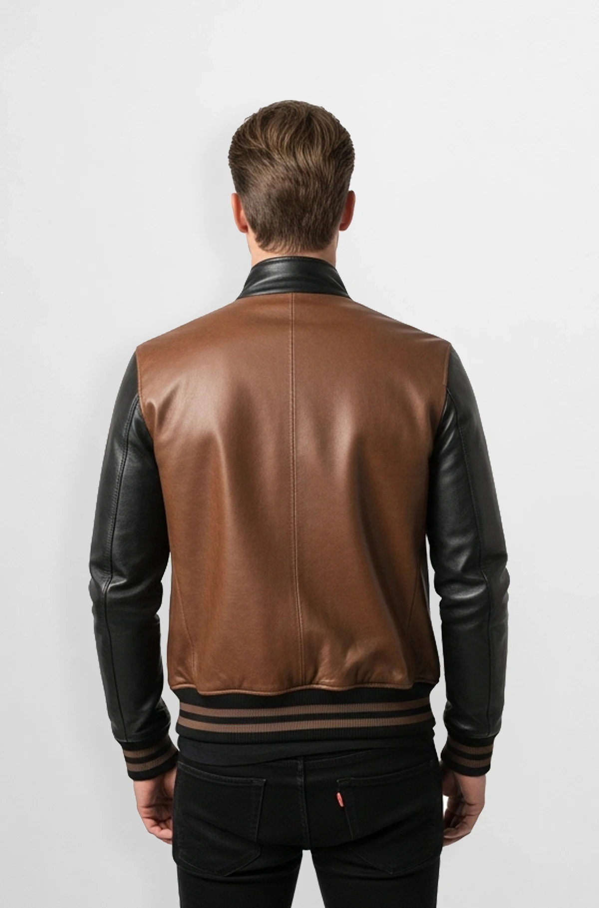 Two-Tone Varsity Leather Jacket Brown and Black