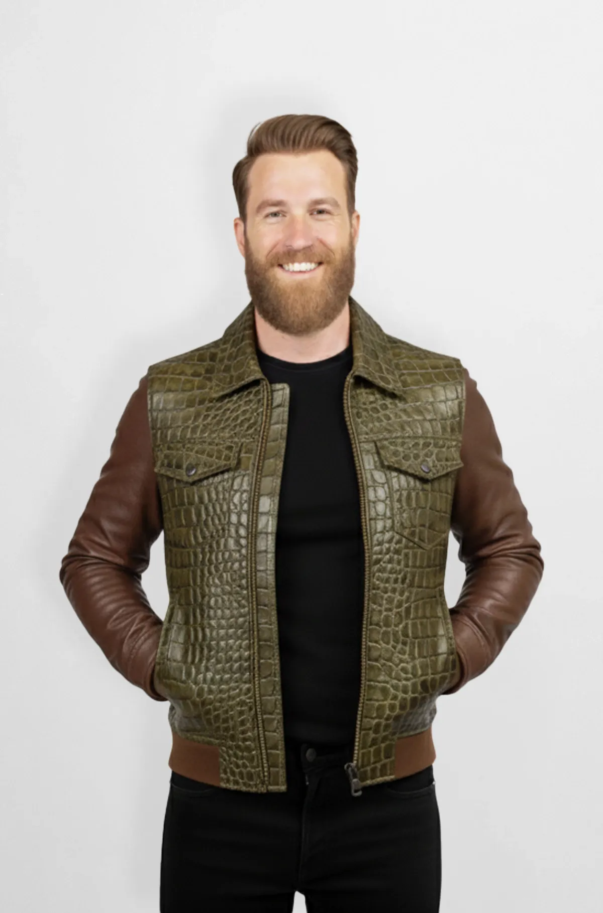 Urban Green Safari Crocodile Leather Jacket