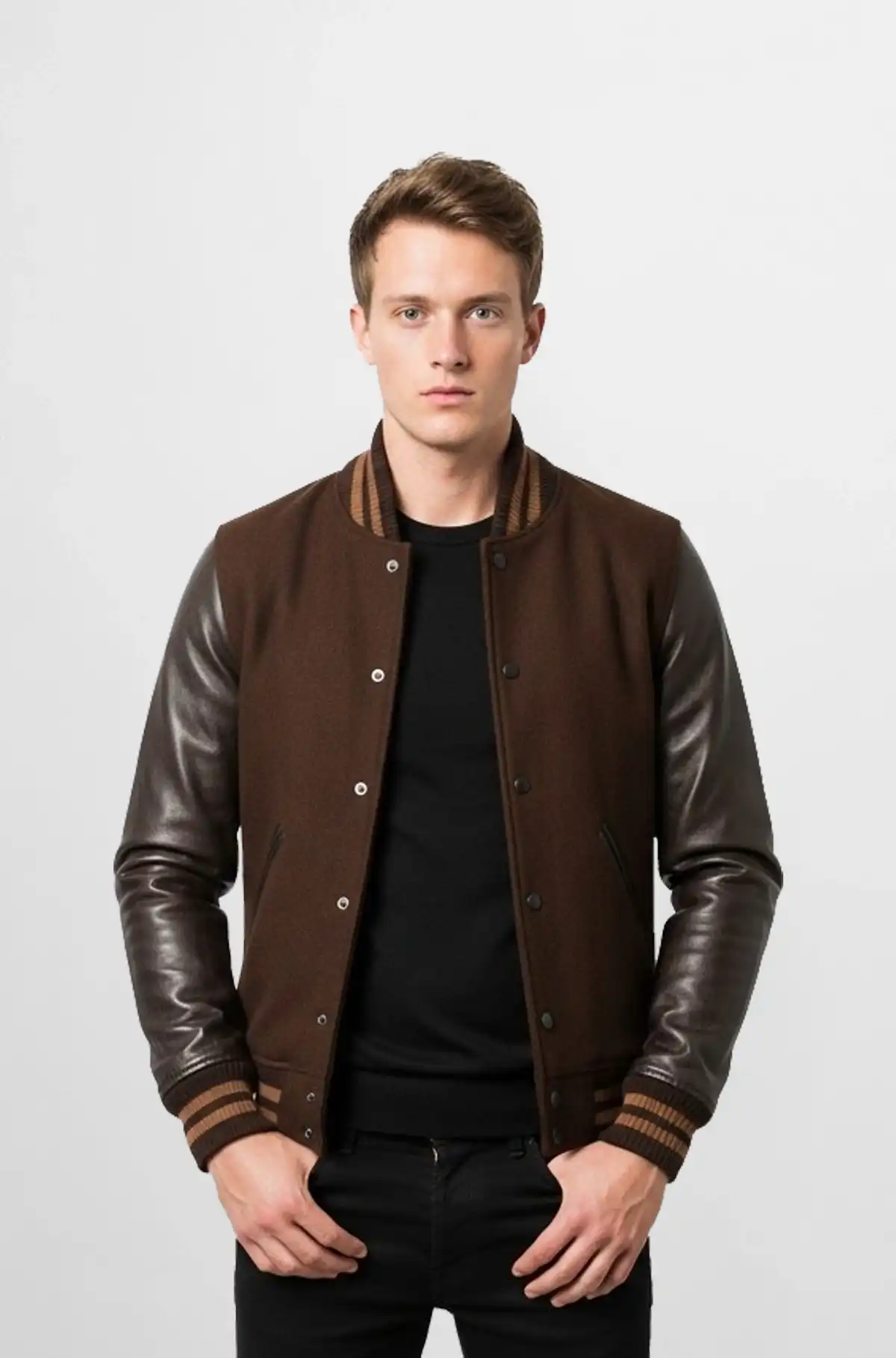 Varsity Leather Jacket Brown And Chocolate Sleeves