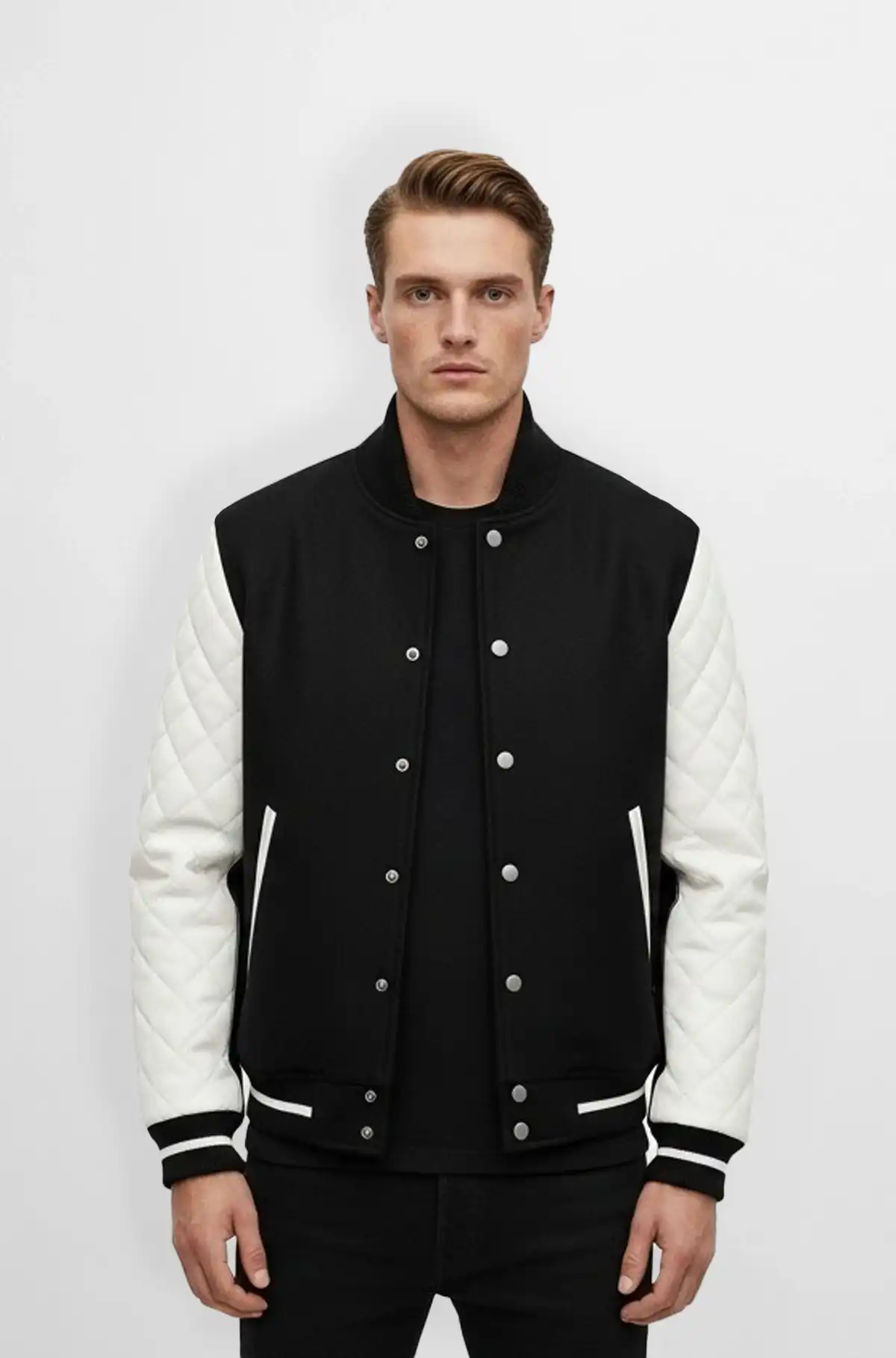 Varsity Quilted Sleeve Leather Jacket