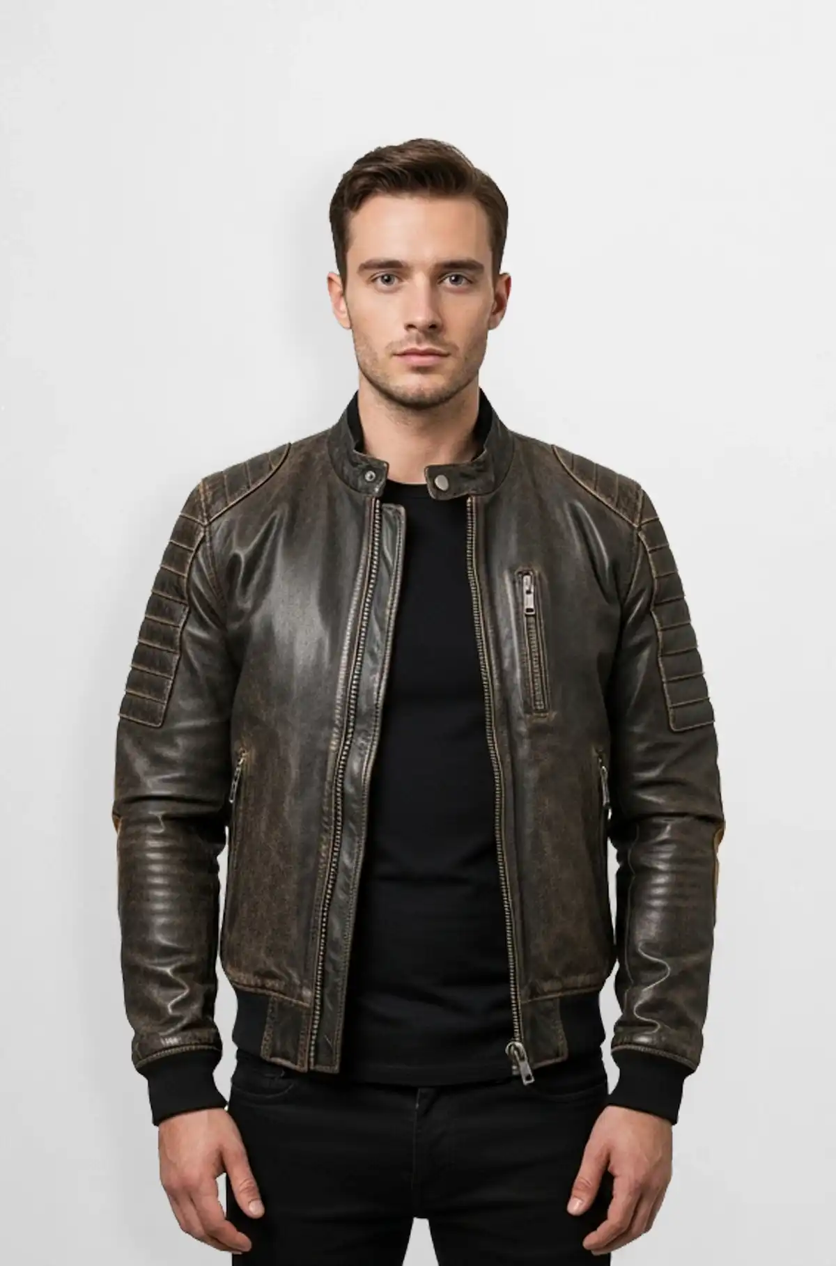 Vintage Leather Bomber Jacket with Quilted Shoulders