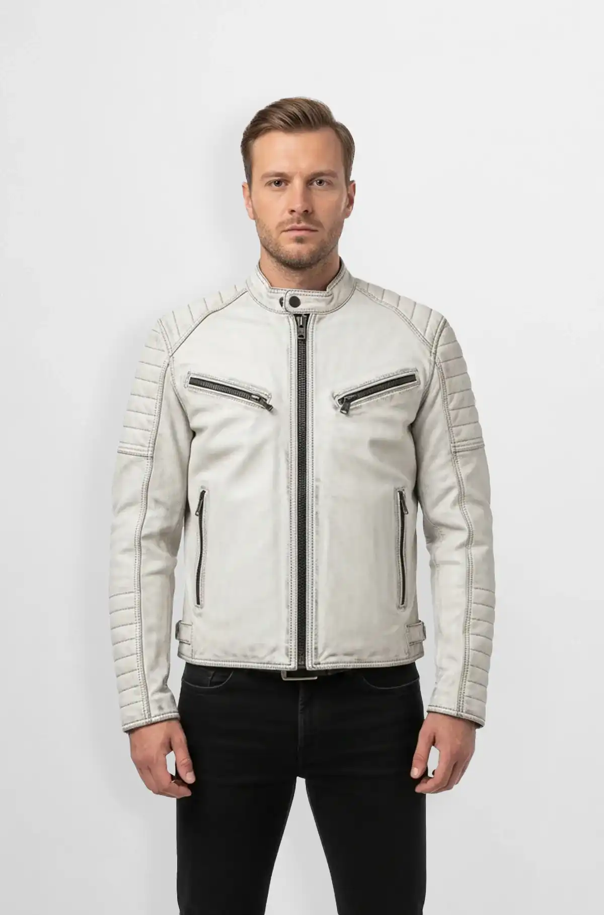 Vintage White Glacier Moto Leather Jacket