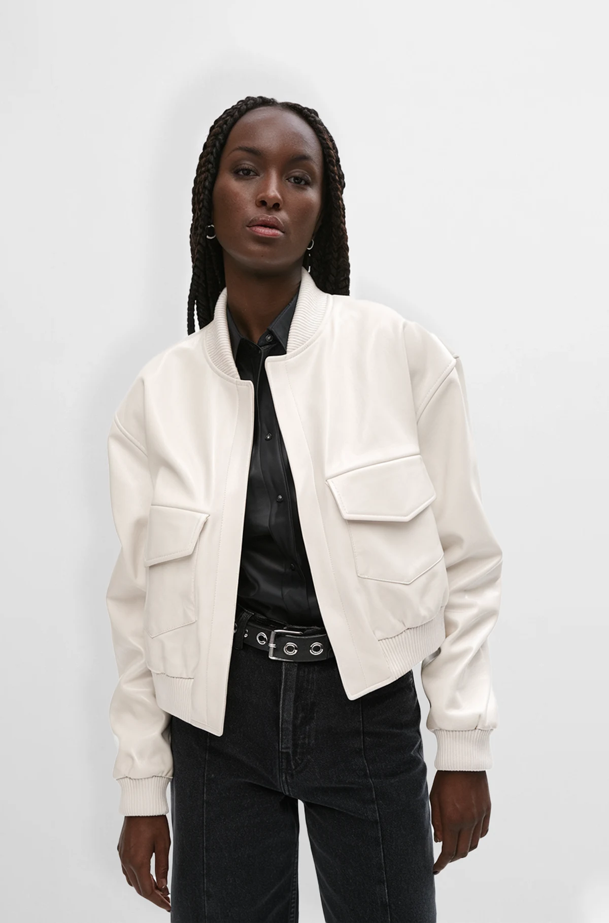 White Leather Bomber Jacket for Women