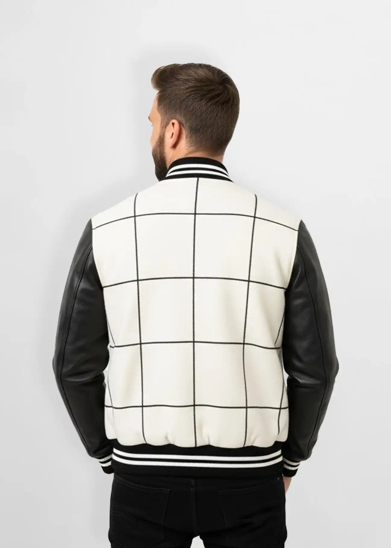 White Windowpane Wool Leather Varsity Jacket