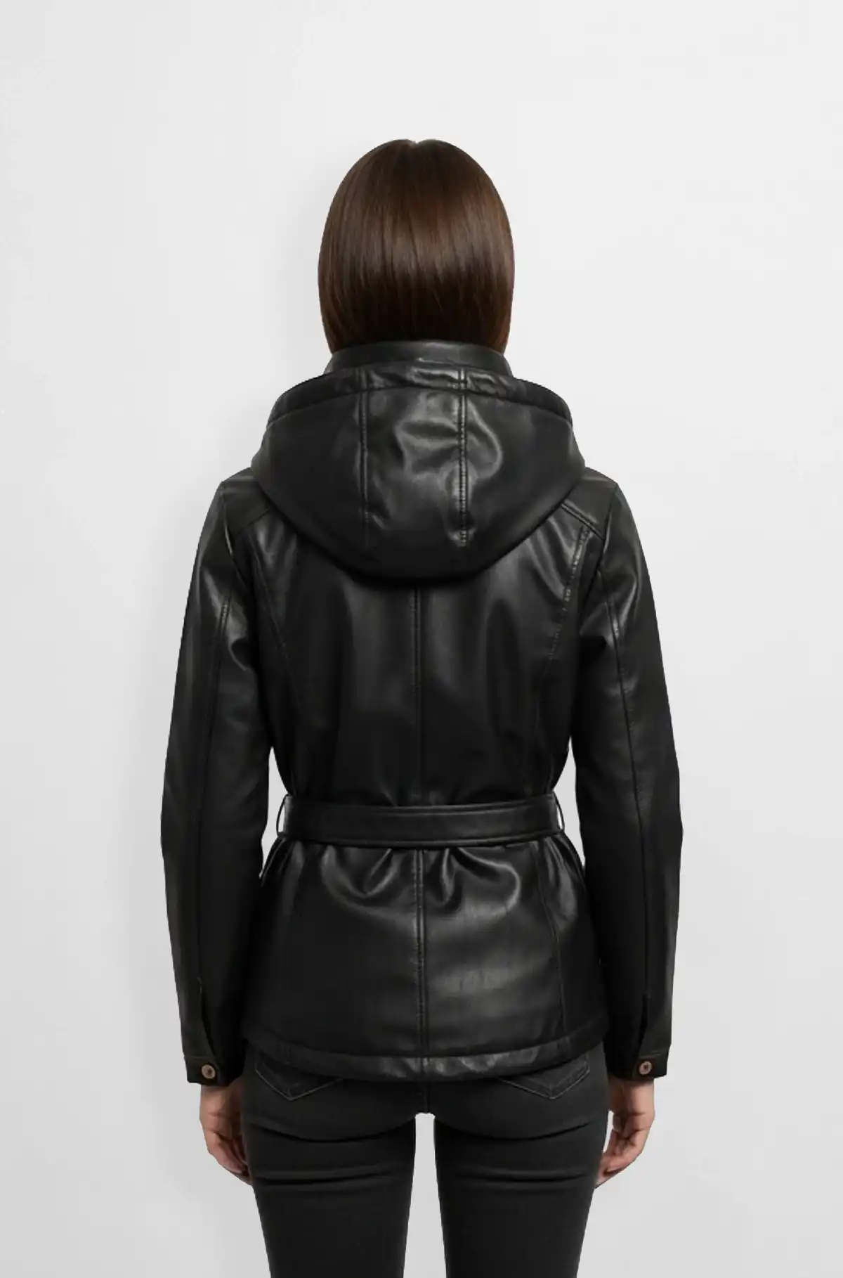 Women Midnight Black Hooded Leather Blazer