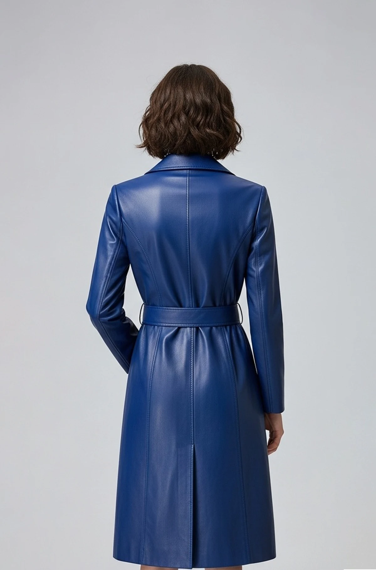 Women Navy Blue Leather Trench Coat