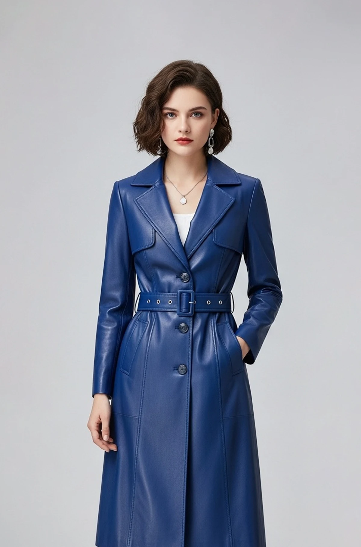 Women Navy Blue Leather Trench Coat