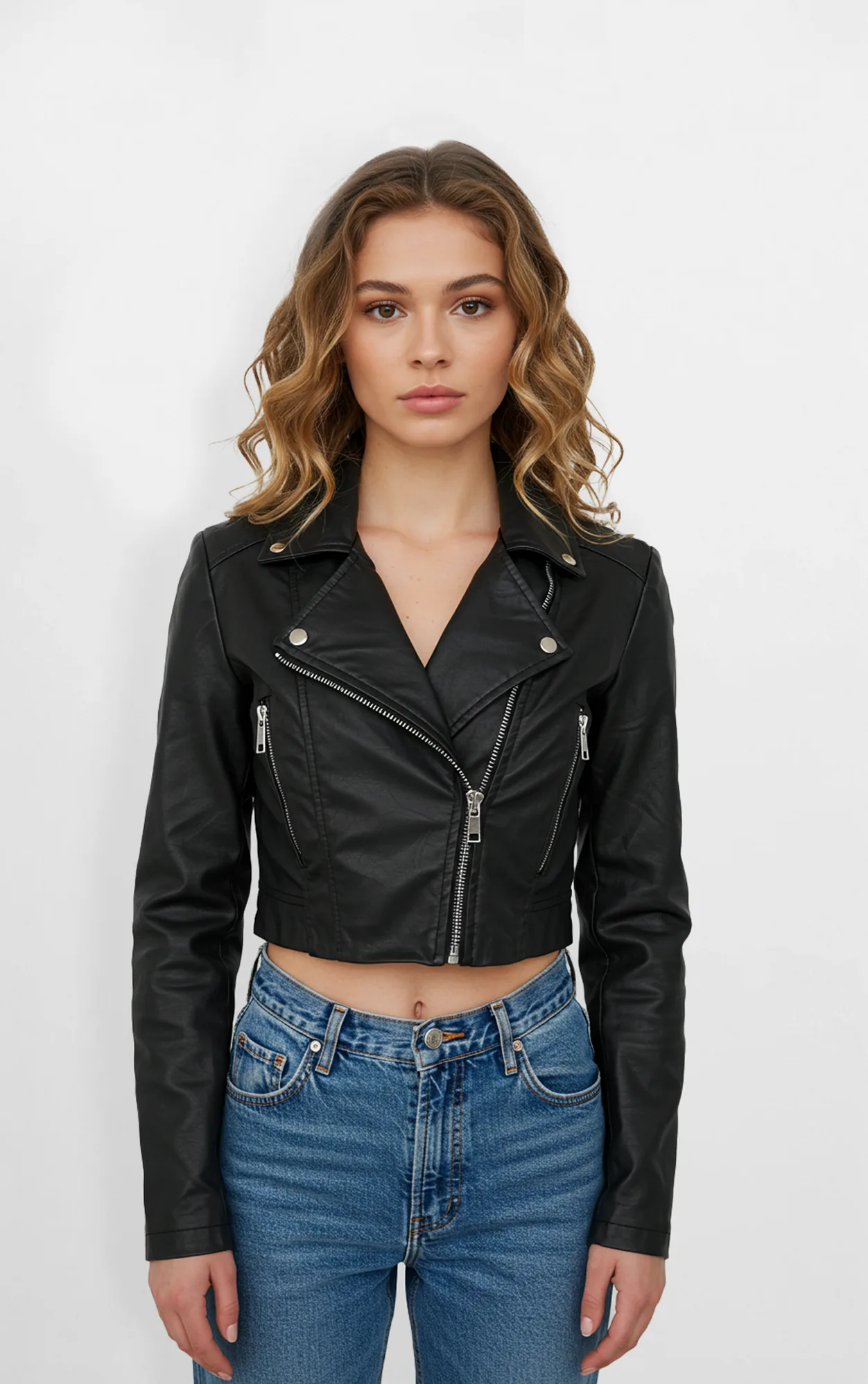  Womens Cropped premium Leather Biker Jacket