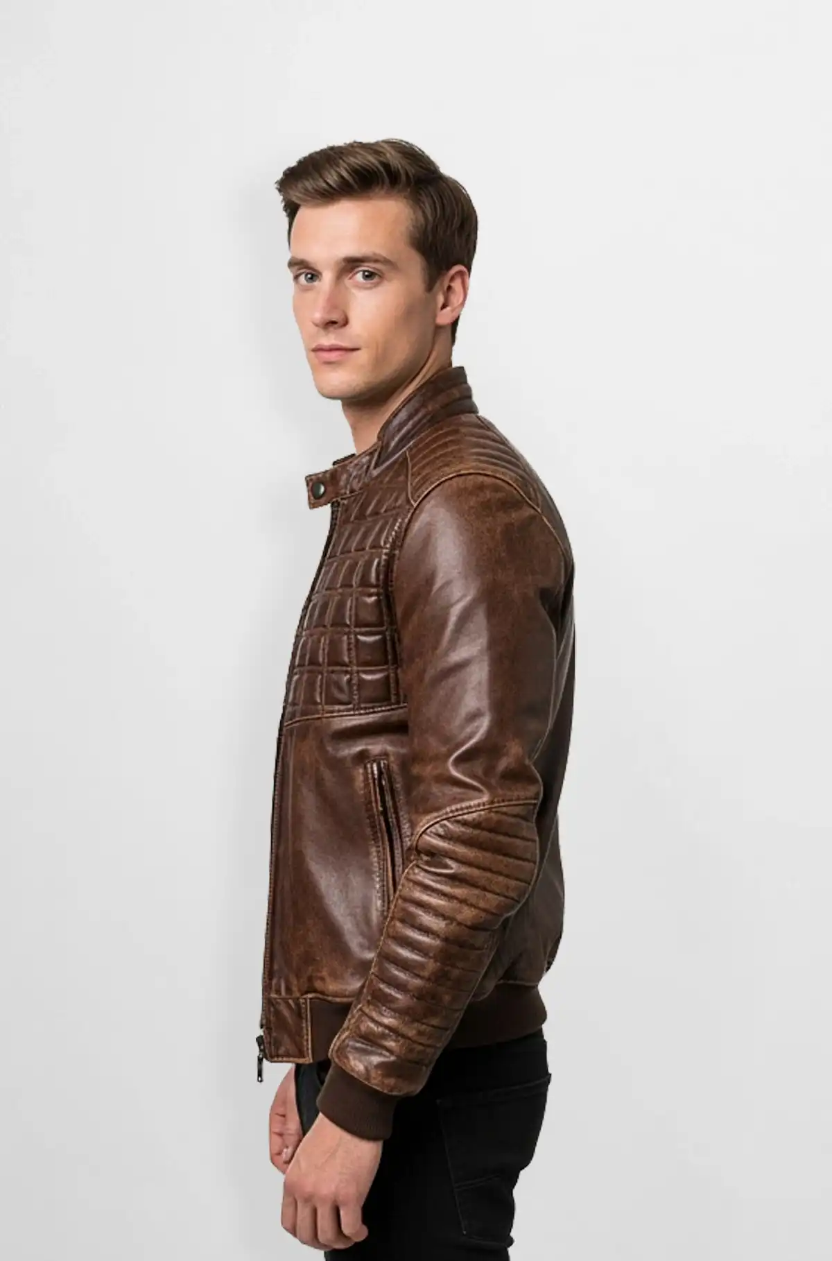 Woodish Brown Quilted Leather Jacket