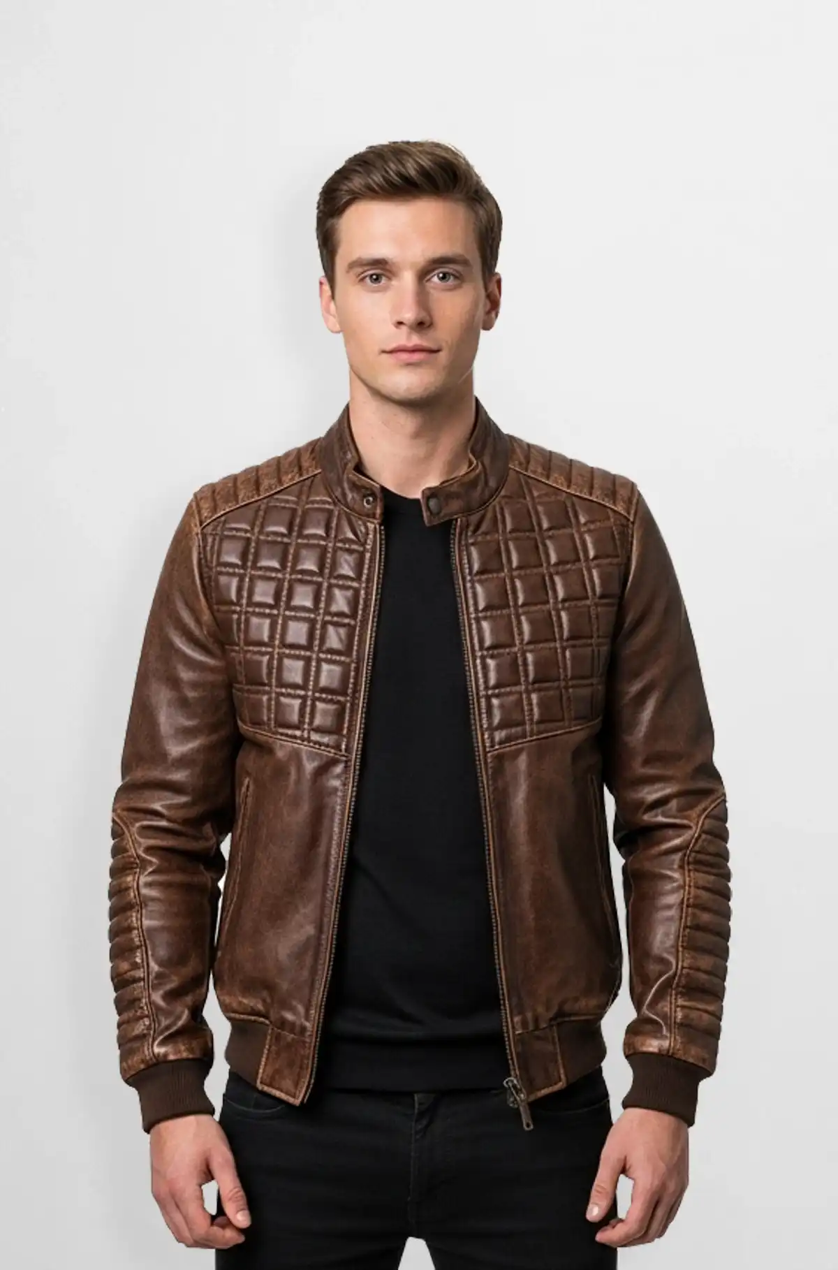 Woodish Brown Quilted Leather Jacket
