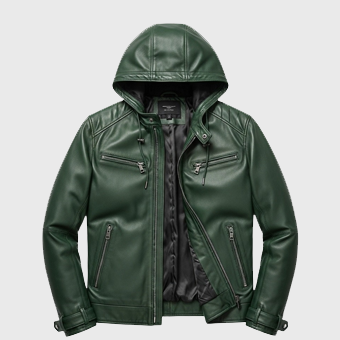 Mens Green Leather Hooded Jackets