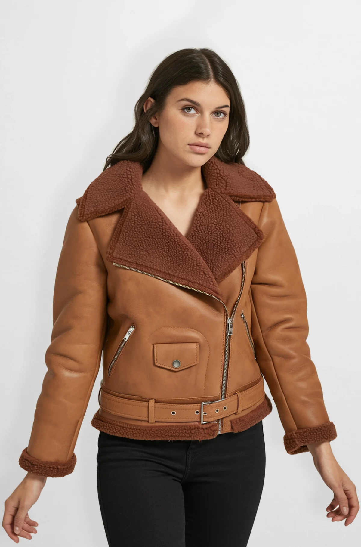 Women's Shearling Lined Tan Biker Jacket