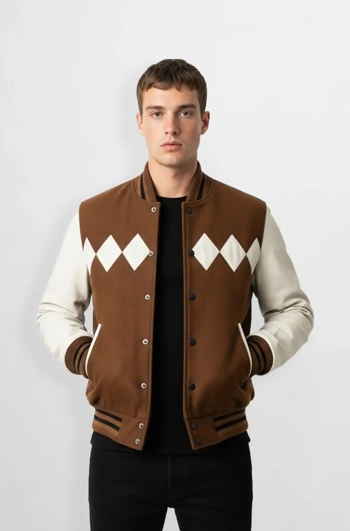 Argyle Brown and Cream Varsity Leather Jacket