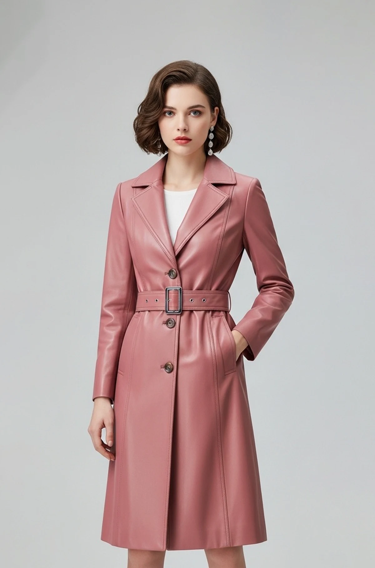 Baby Pink Leather Trench Coat