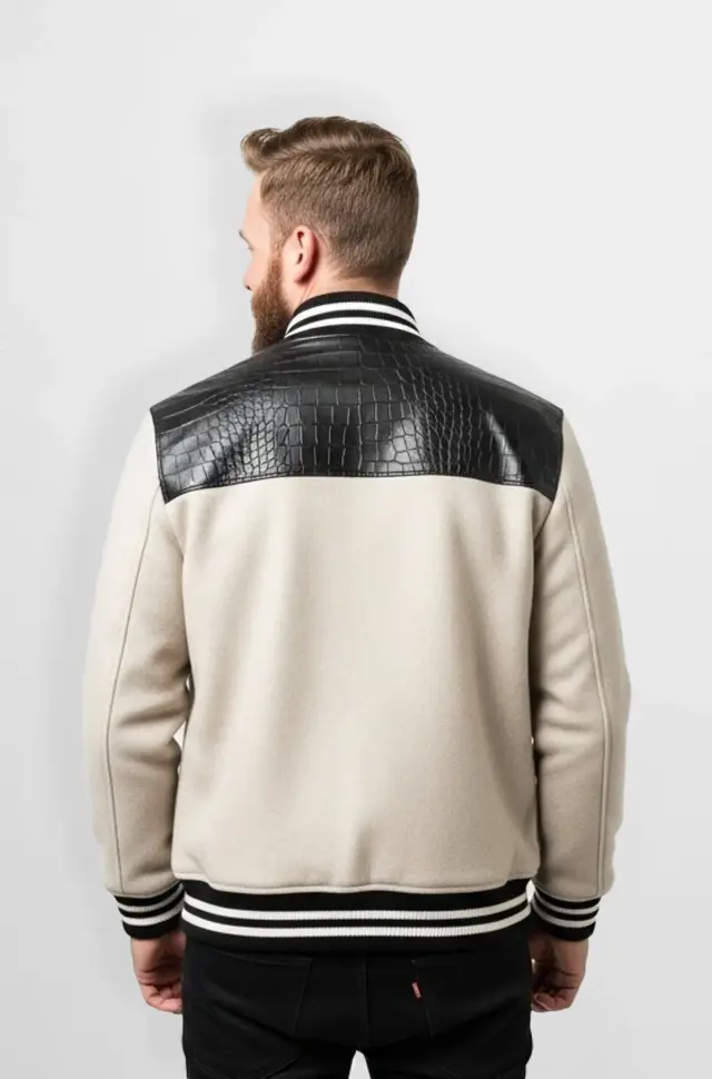 Beige & Black Crocodile Leather Wool Varsity Jacket