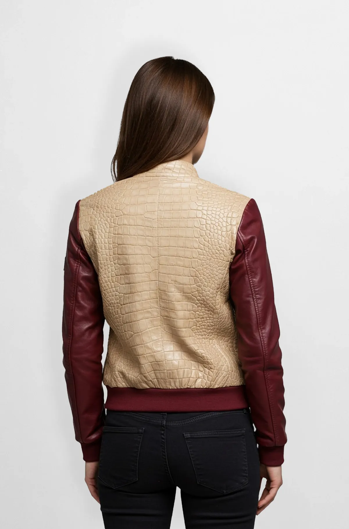 Beige Crocodile Leather Bomber Jacket