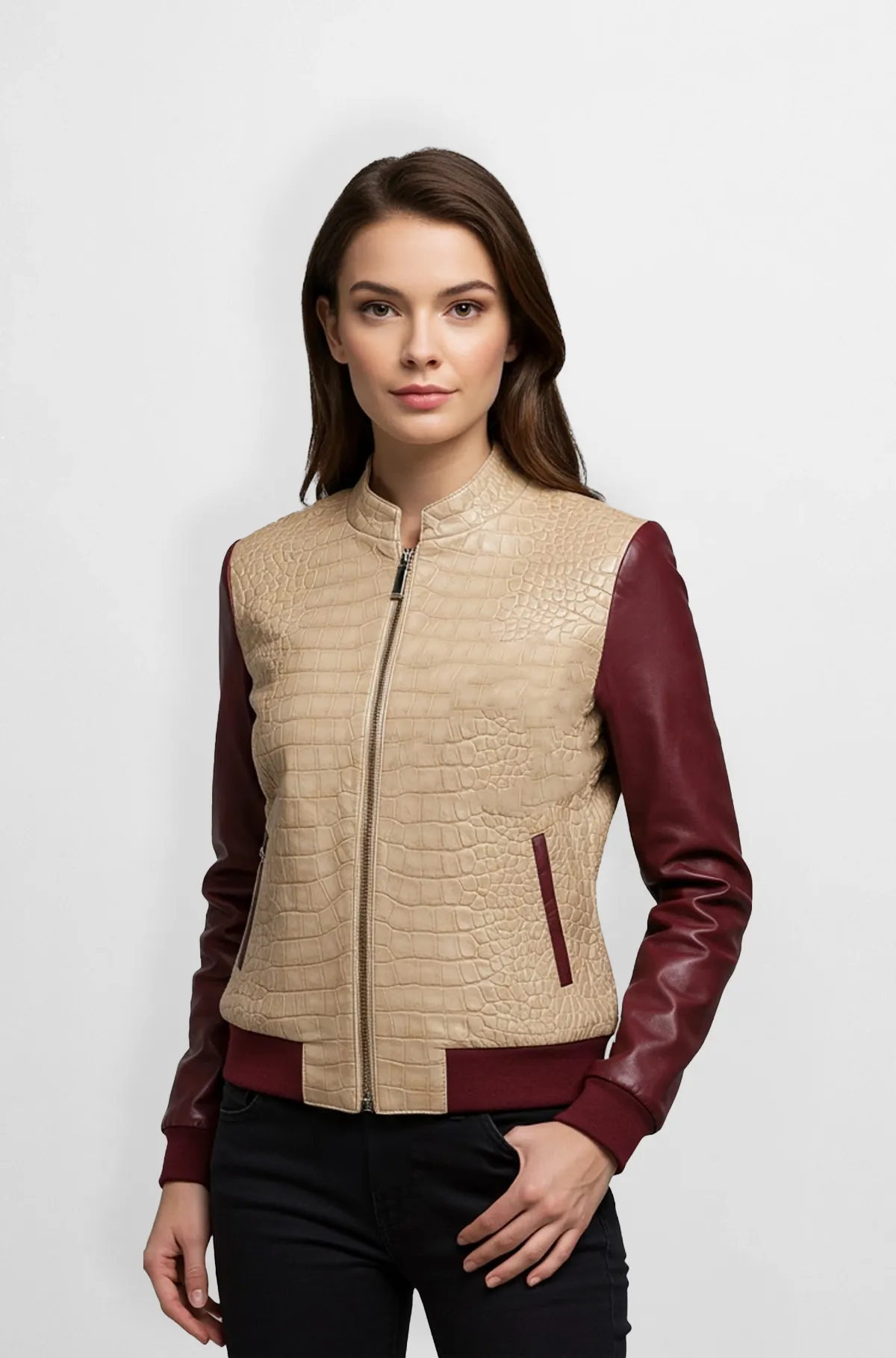 Beige Crocodile Leather Bomber Jacket