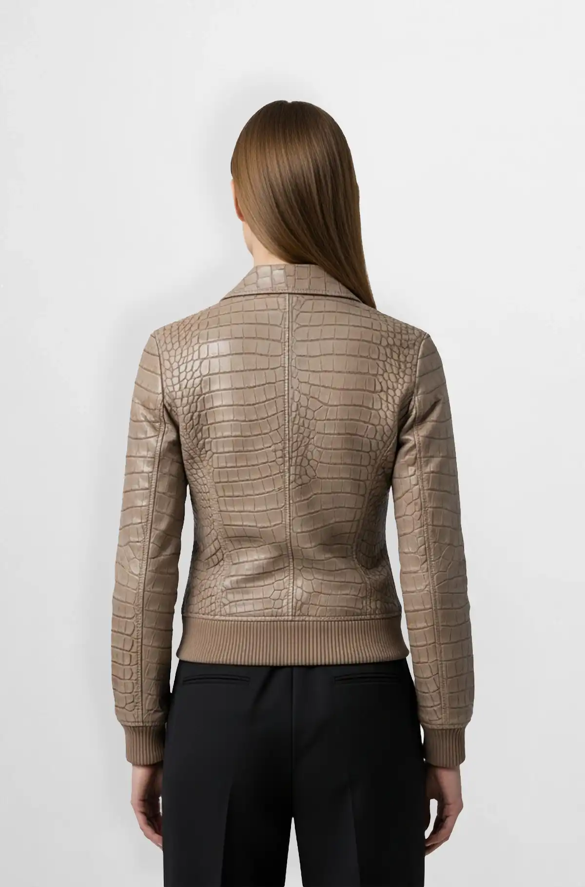 Beige Crocodile Textured Leather Bomber Jacket