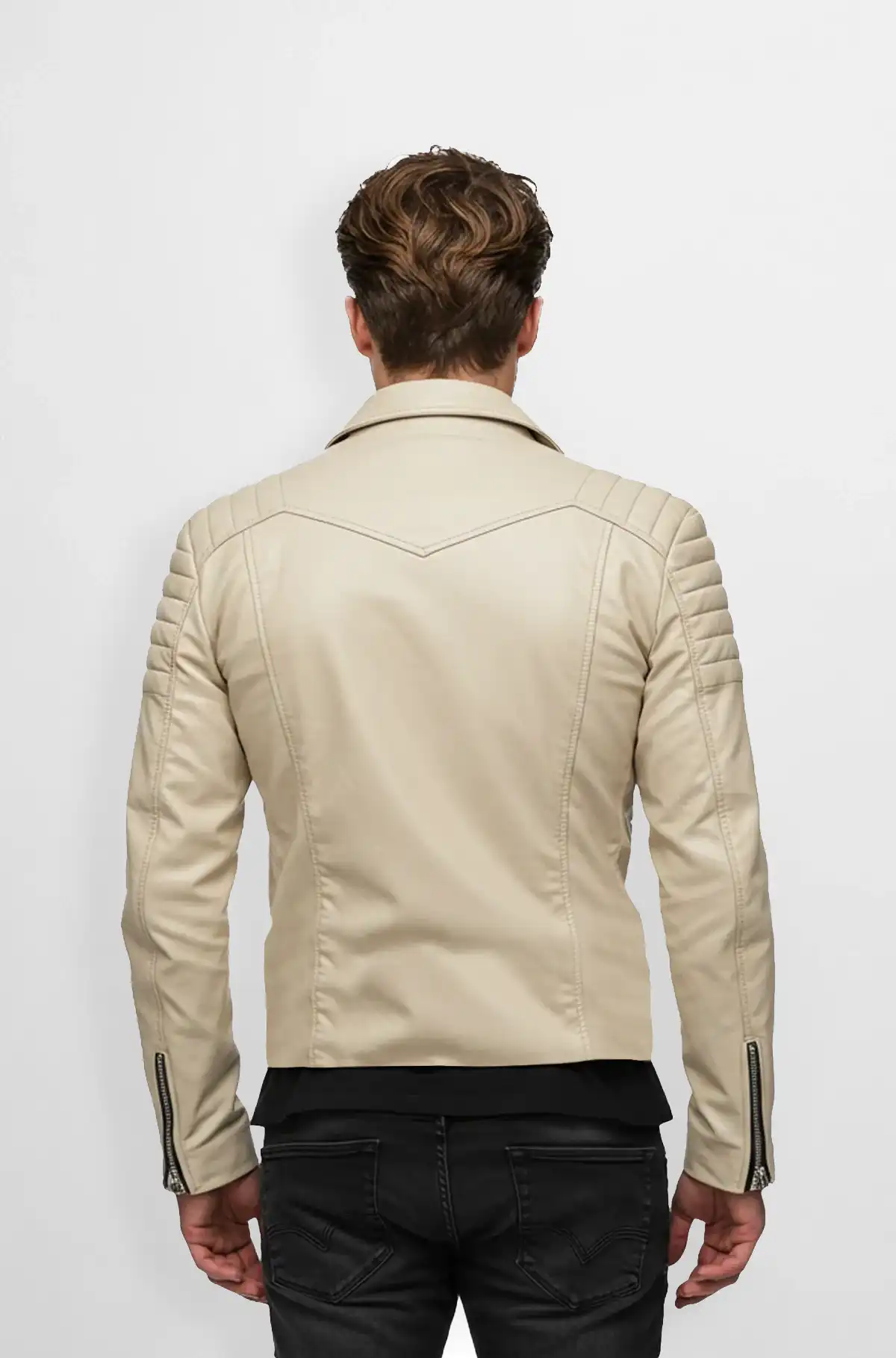 Beige Leather Biker Jacket for Men