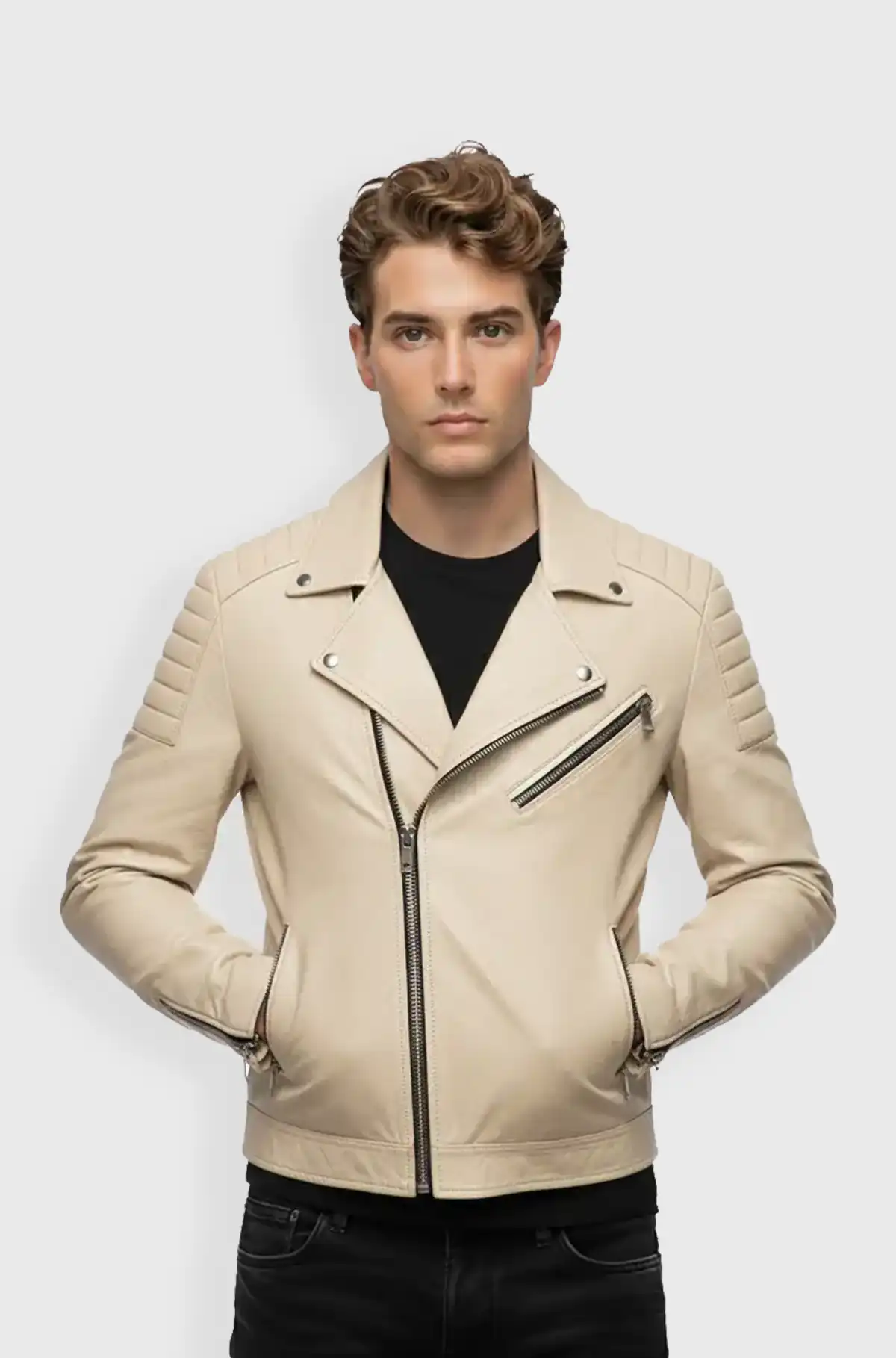 Beige Leather Biker Jacket for Men