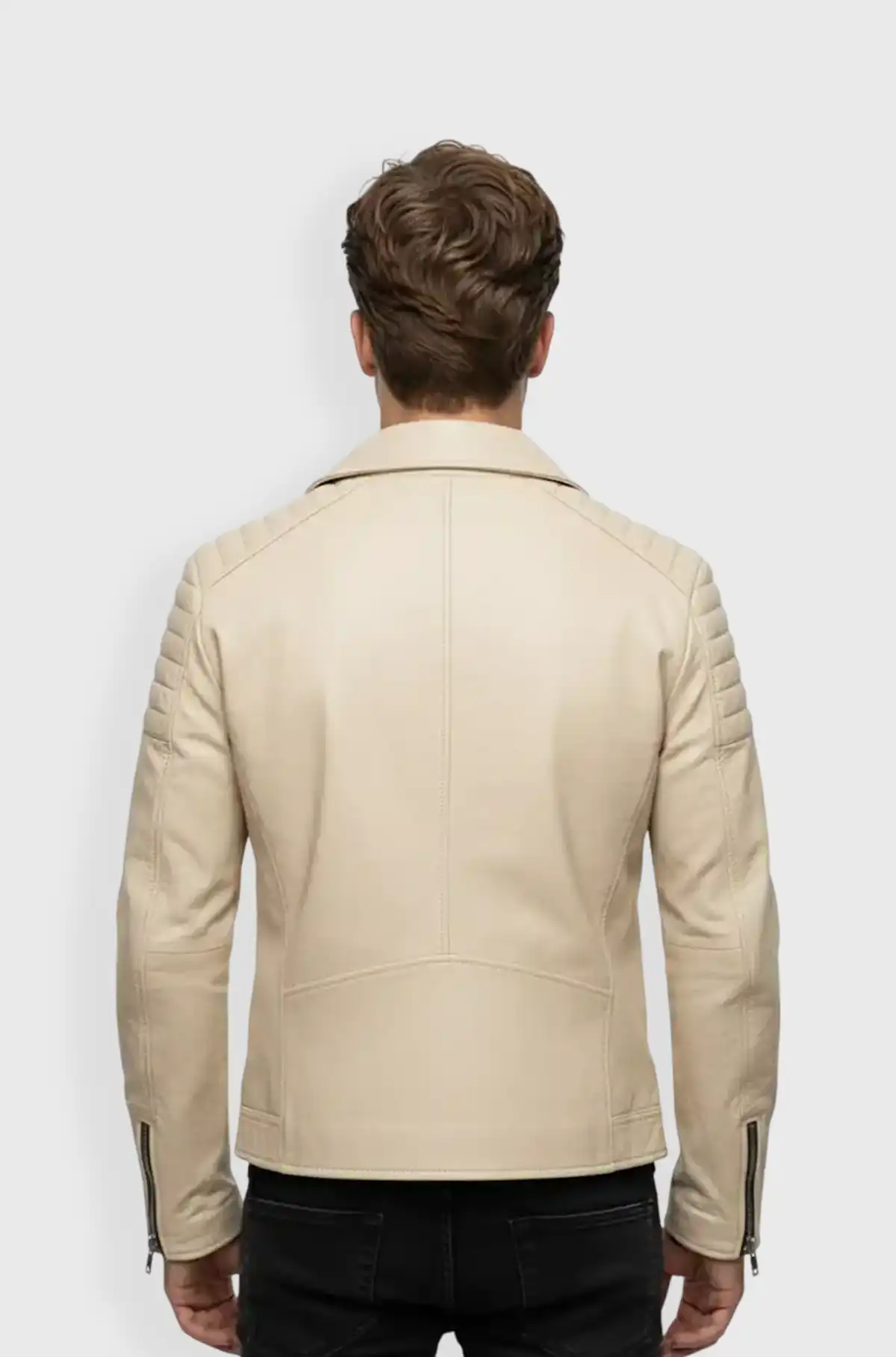 Beige Leather Biker Jacket for Men