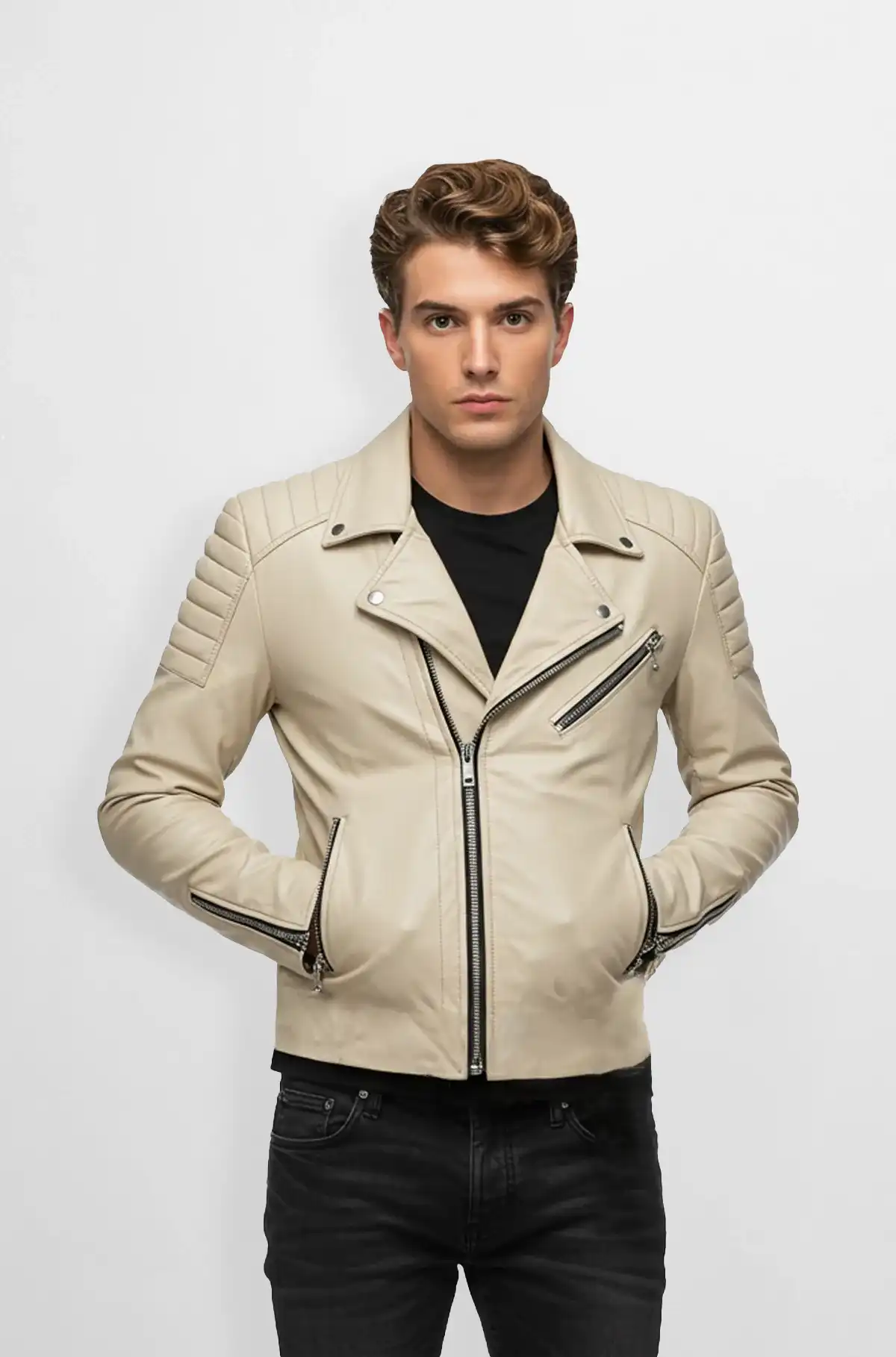 Beige Leather Biker Jacket for Men