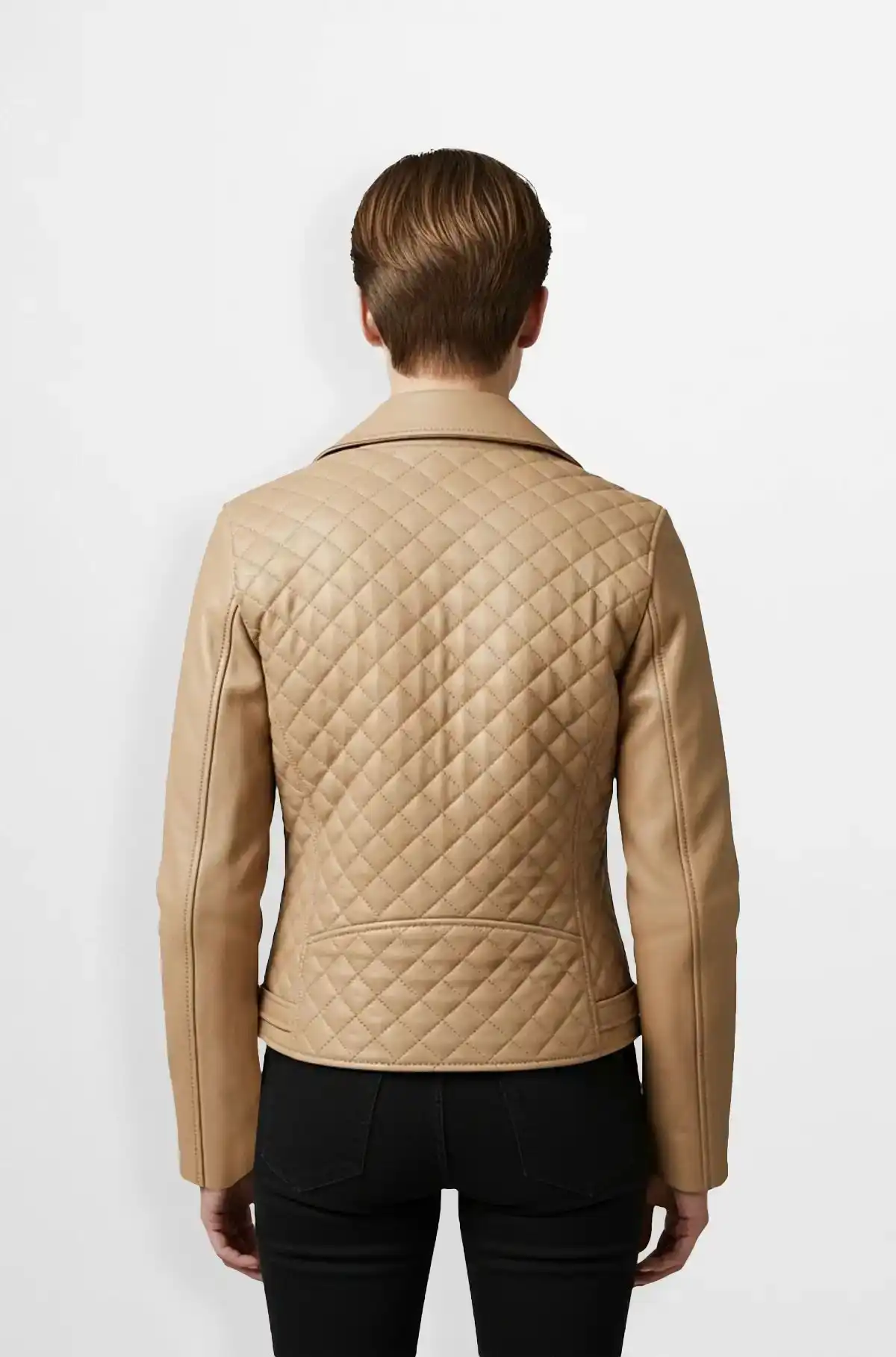 Beige Quilted Leather Biker Jacket