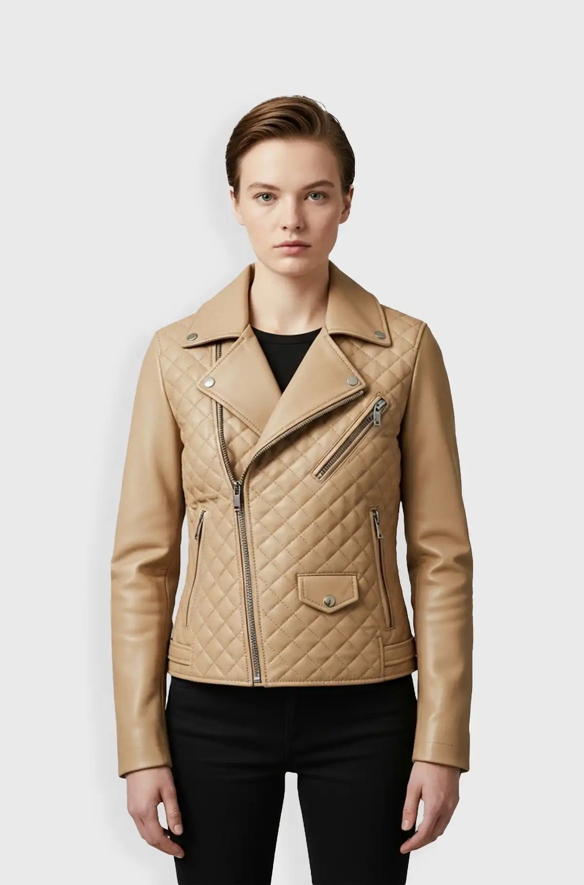 Beige Quilted Leather Biker Jacket