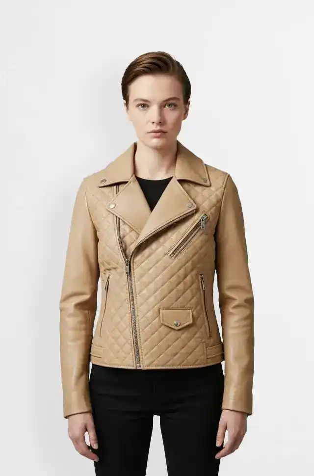 Beige Quilted Leather Biker Jacket