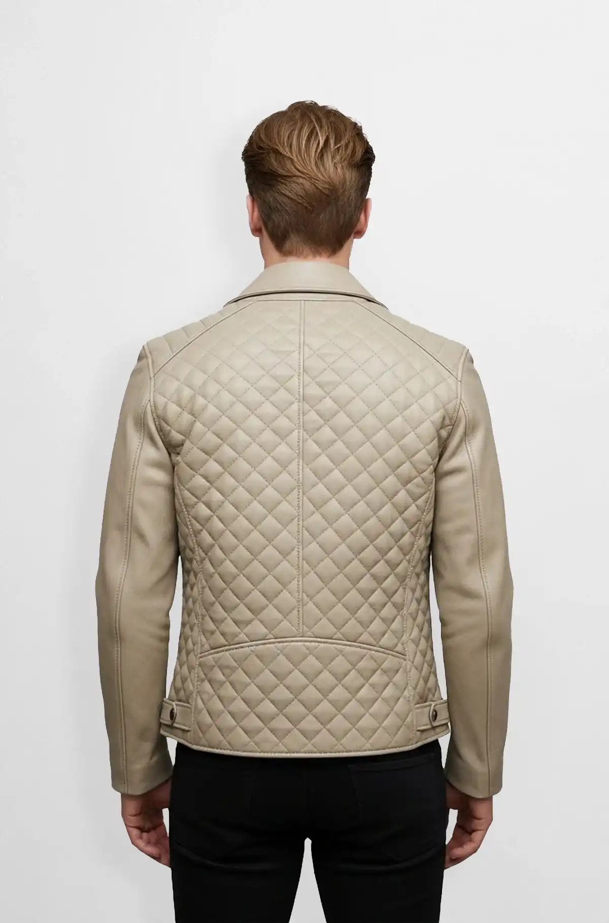 Beige Quilted Leather Moto Jacket
