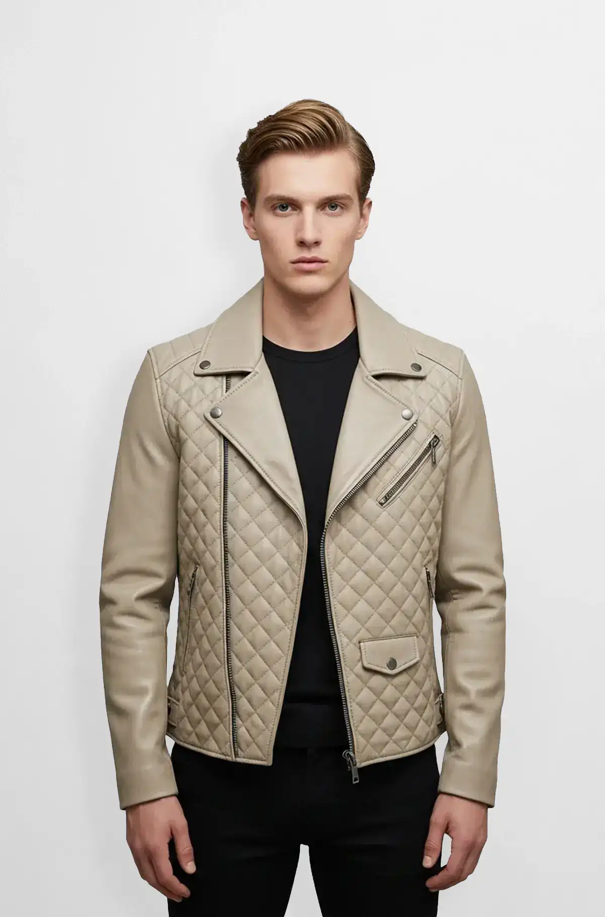Beige Quilted Leather Moto Jacket