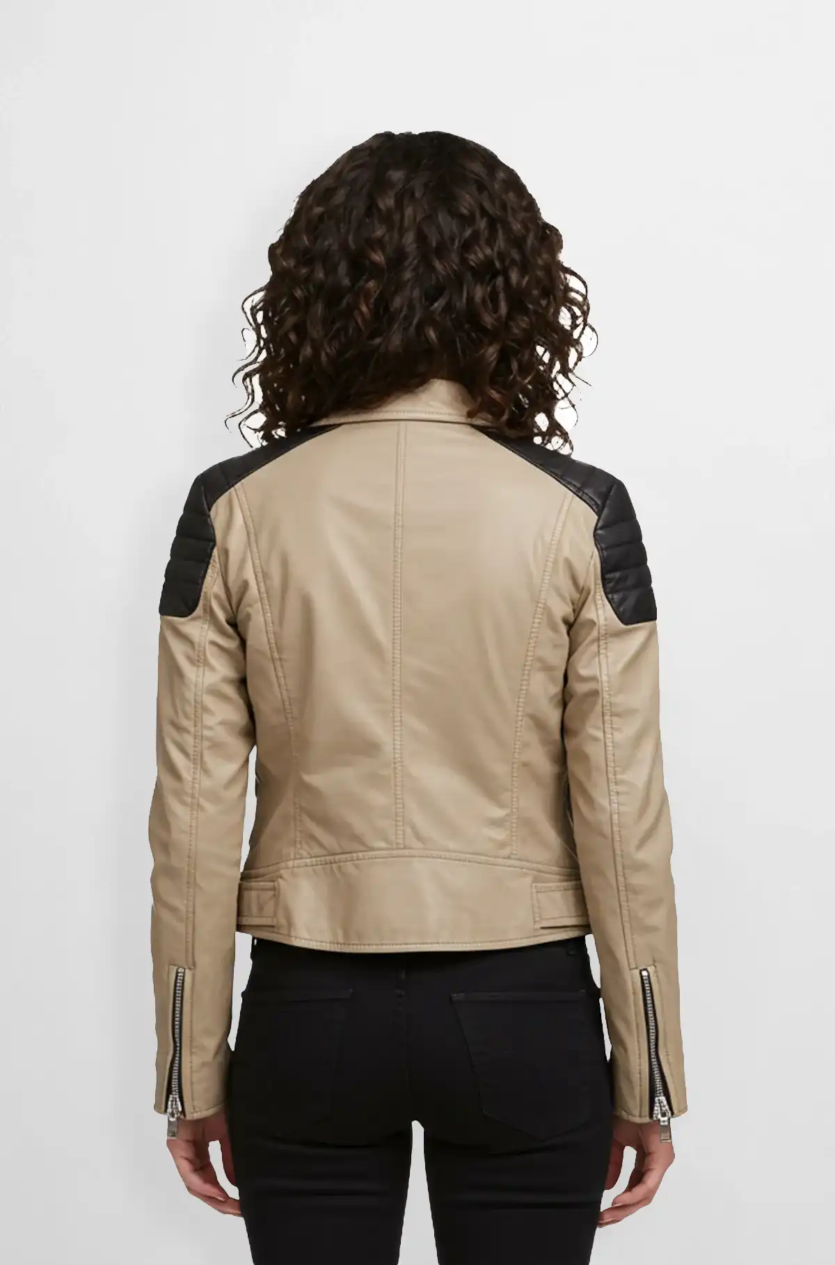 Beige and Black Leather Biker Jacket