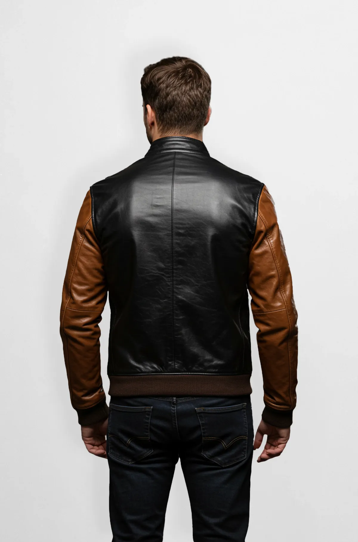 Black And Brown Leather Bomber Jacket