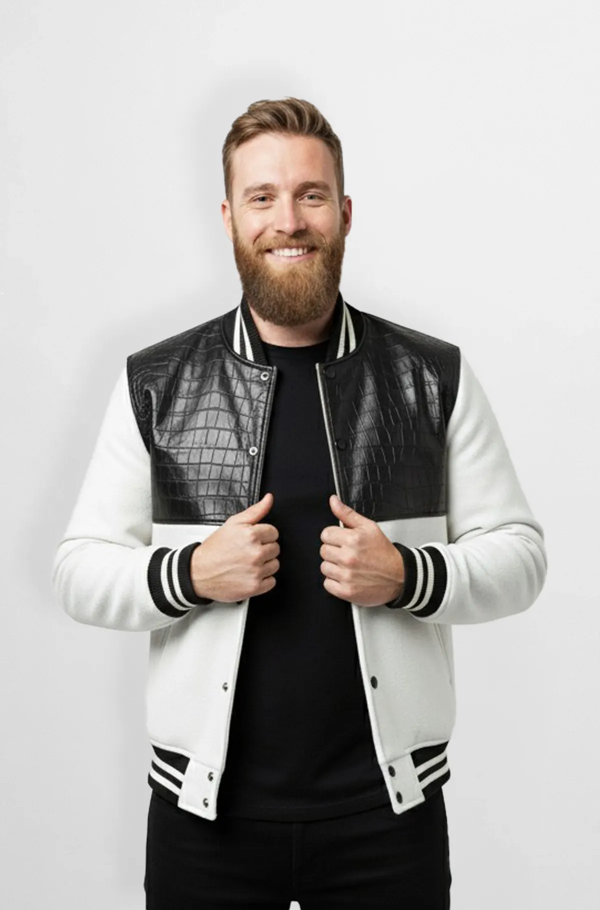 Black & White Crocodile Leather Suede Varsity Jacket