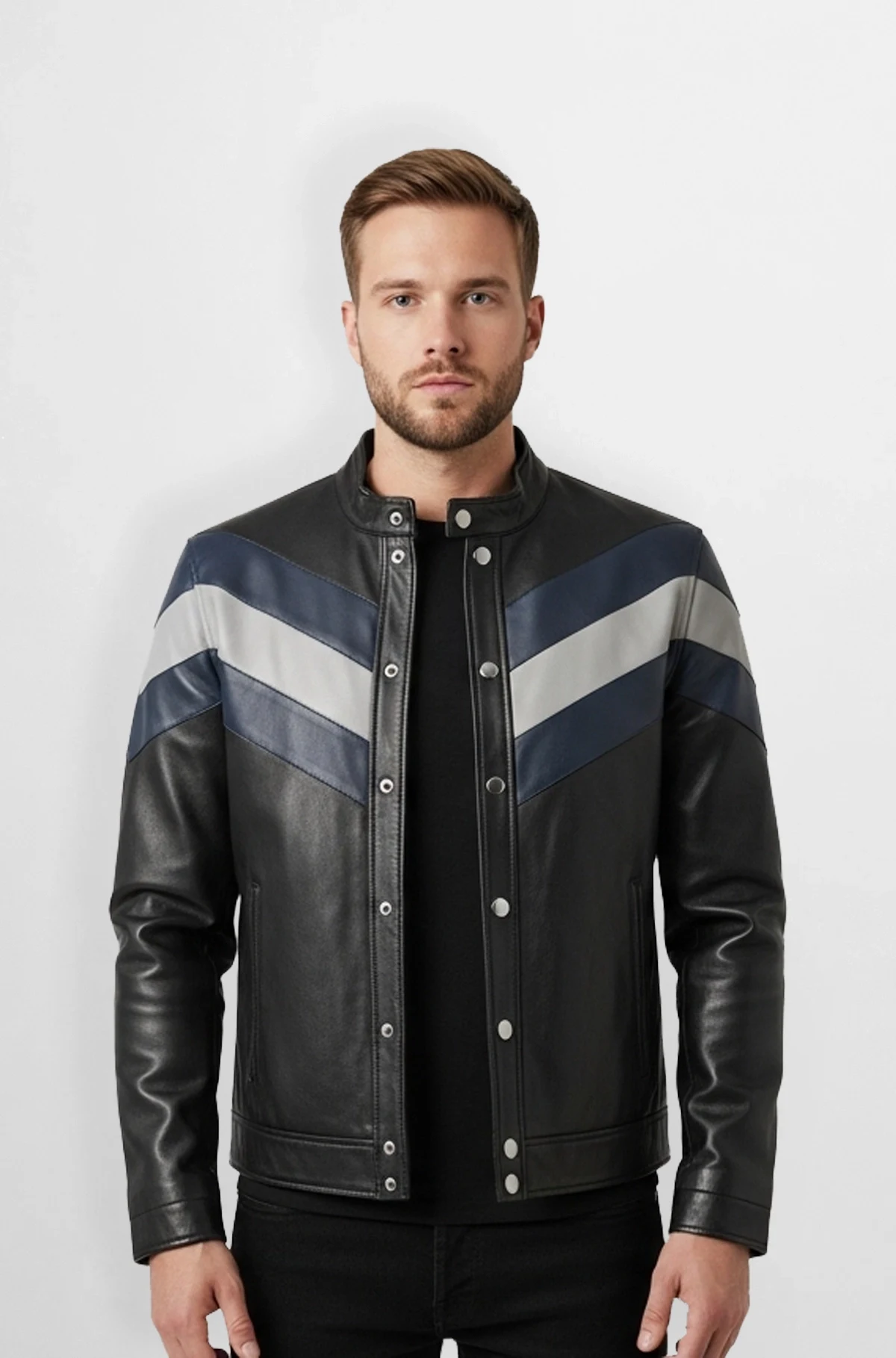 Black Chevron Panel Leather Racer Jacket