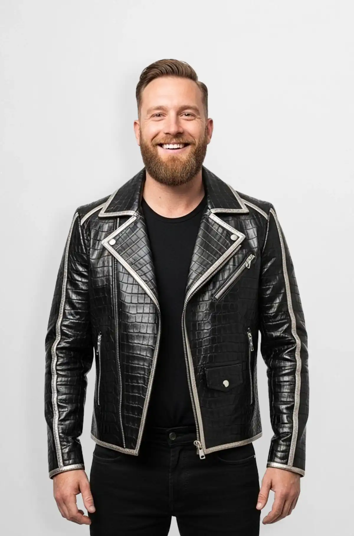 Black Croc Embossed Biker Leather Jacket