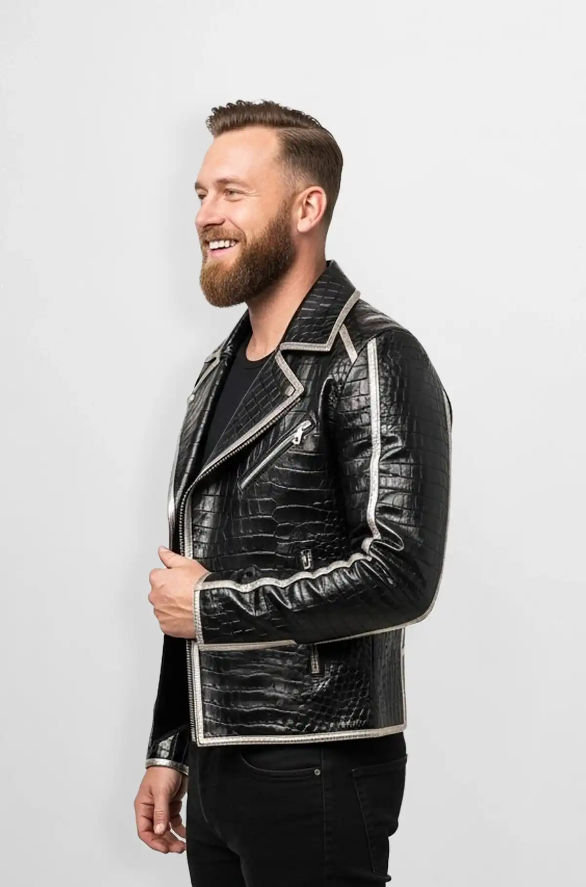 Black Croc Embossed Biker Leather Jacket