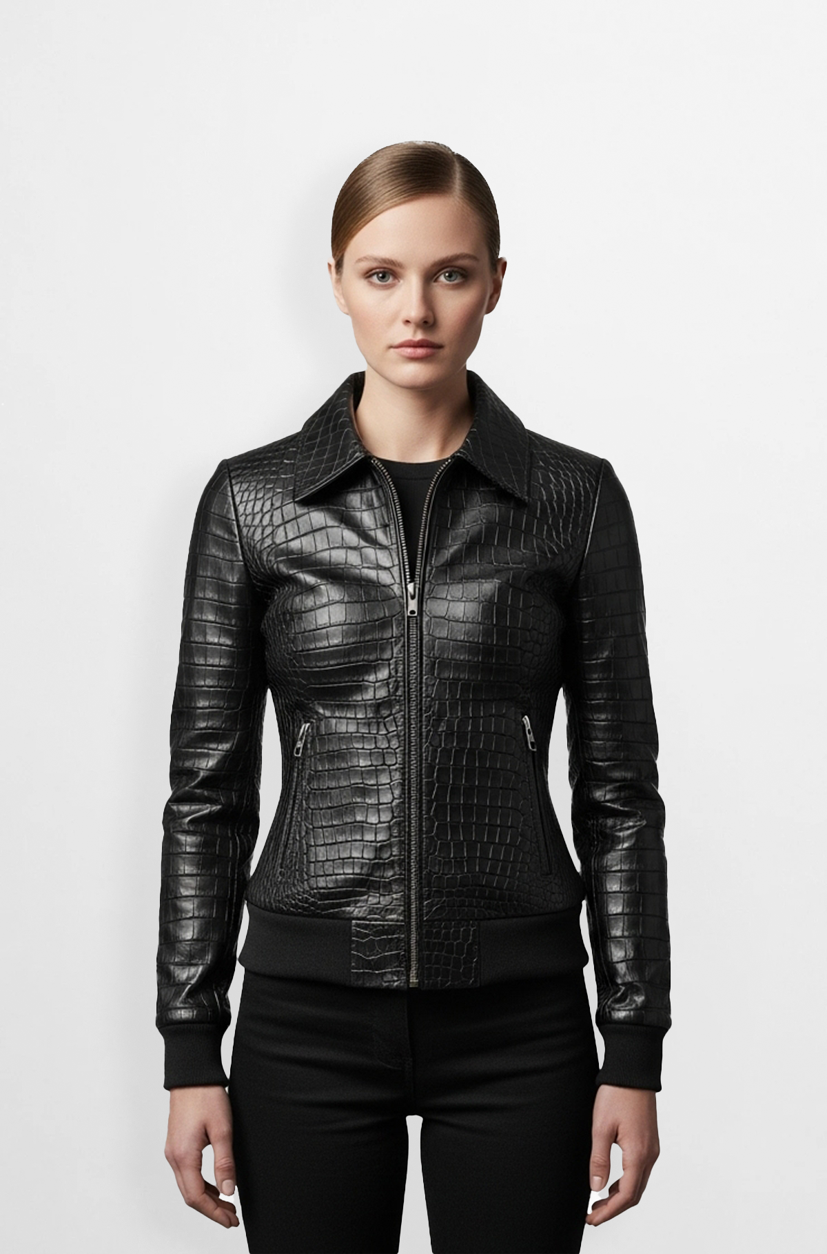 Black Crocodile Embossed Leather Bomber Jacket