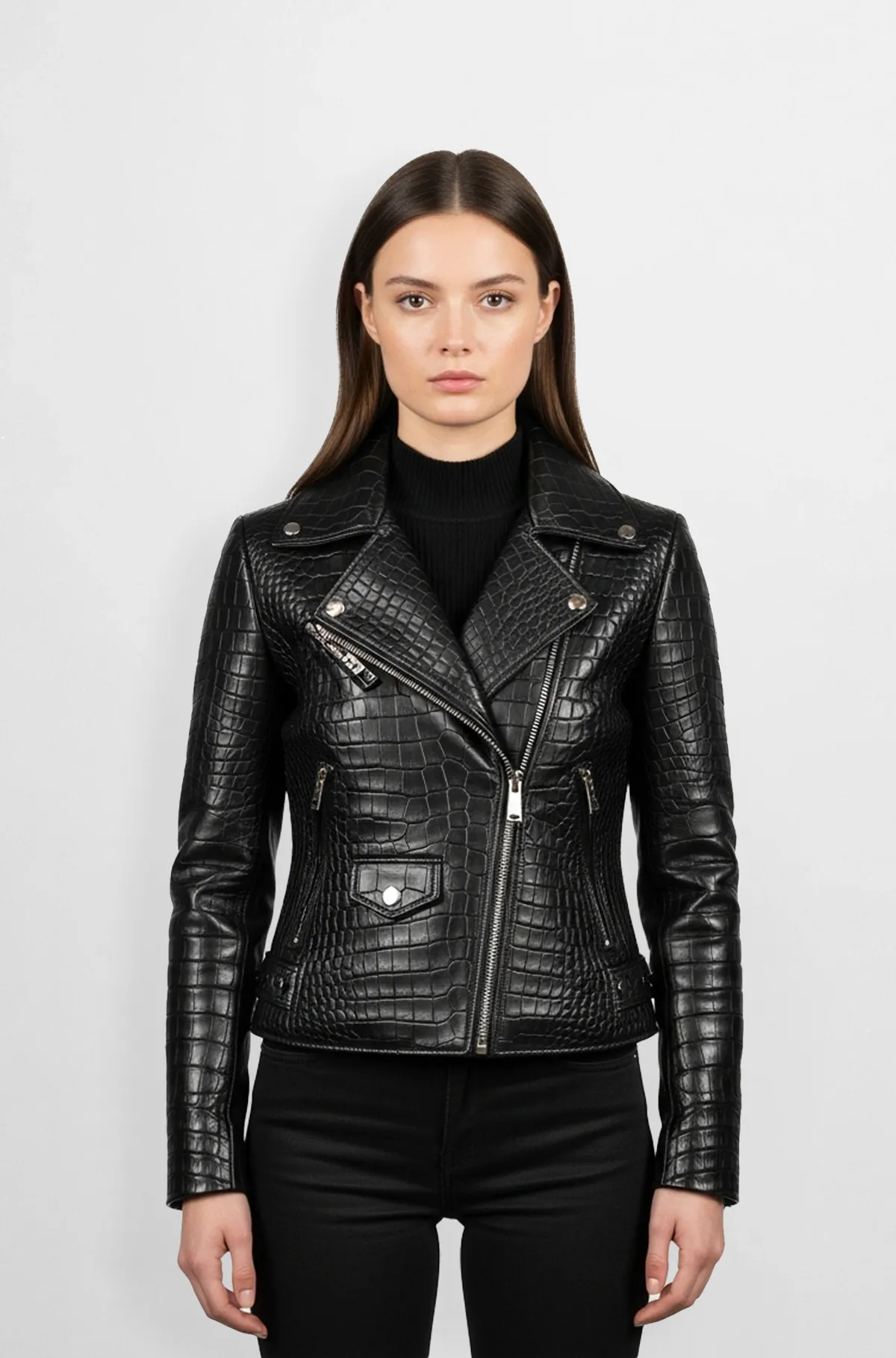 Black Crocodile Femme Biker Jacket 