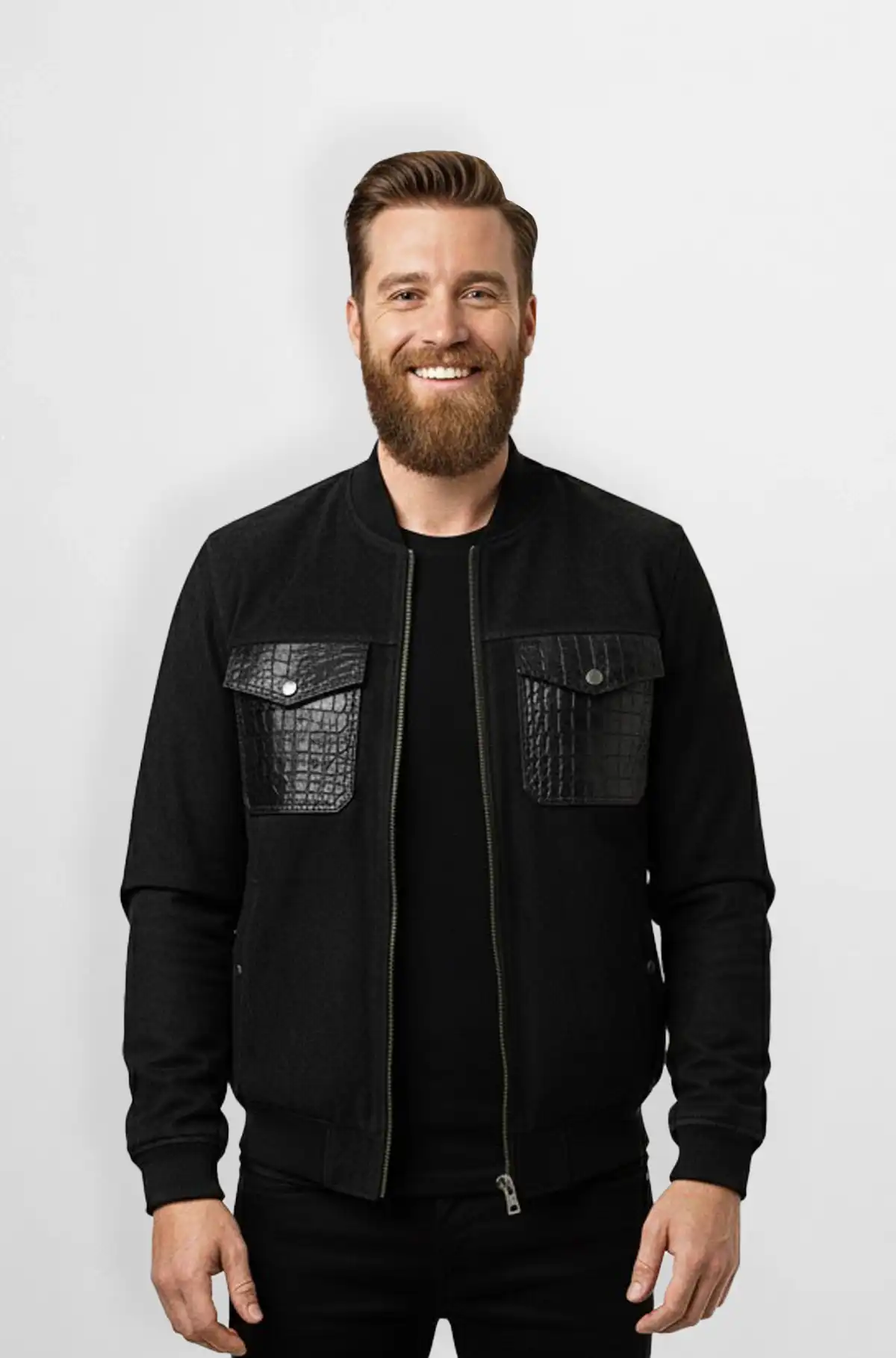 Black Crocodile Patch Bomber Jacket for Men