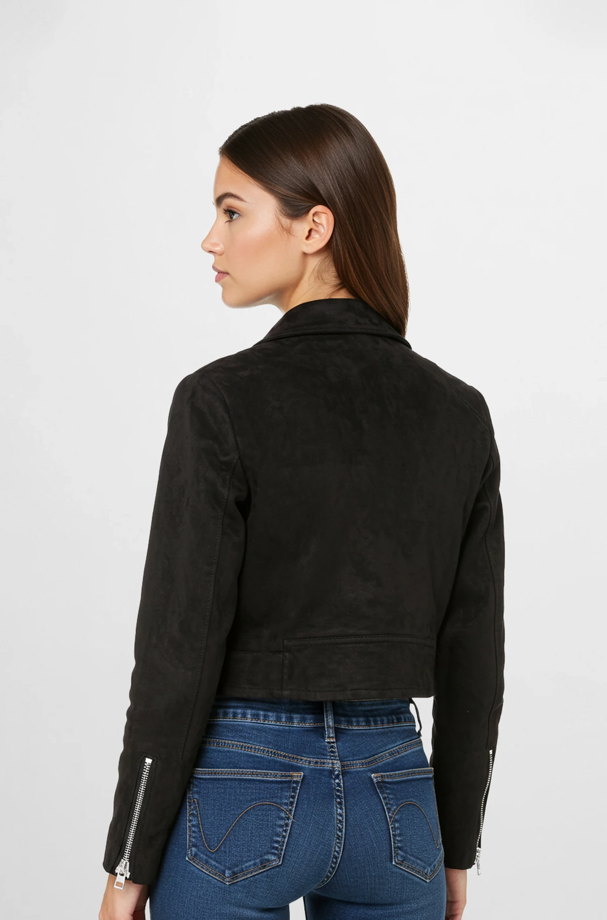 Black Cropped Suede Leather Jacket