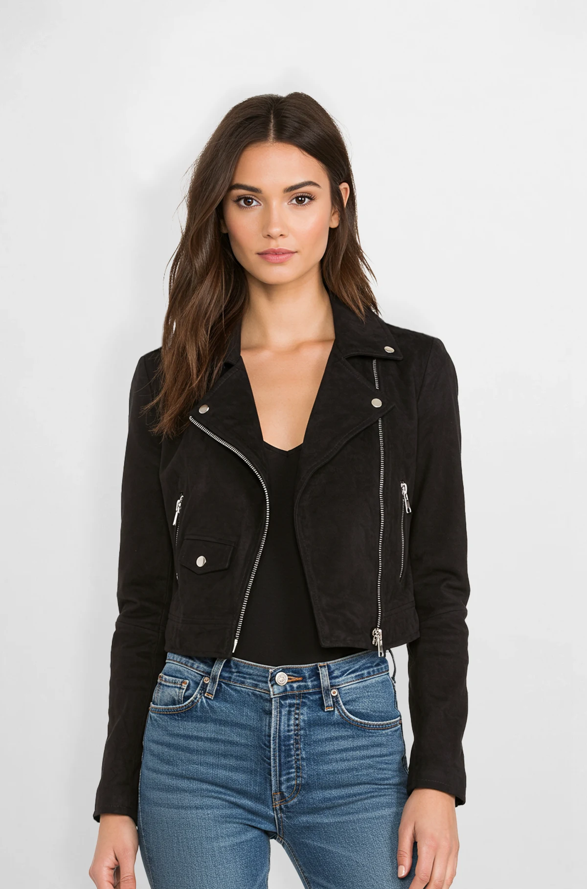 Black Cropped Suede Leather Jacket