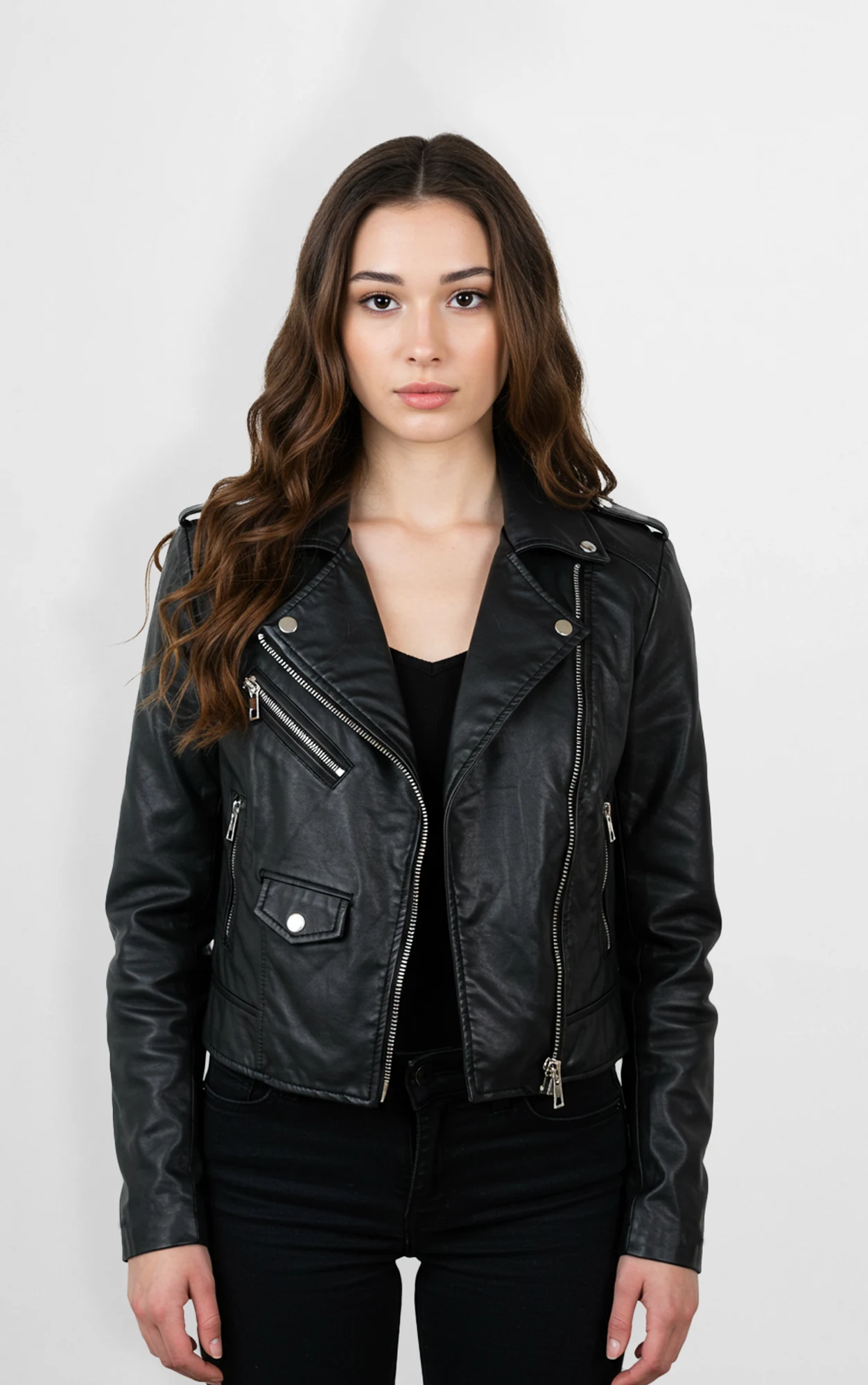 Black Faux Leather Biker Jacket for Women