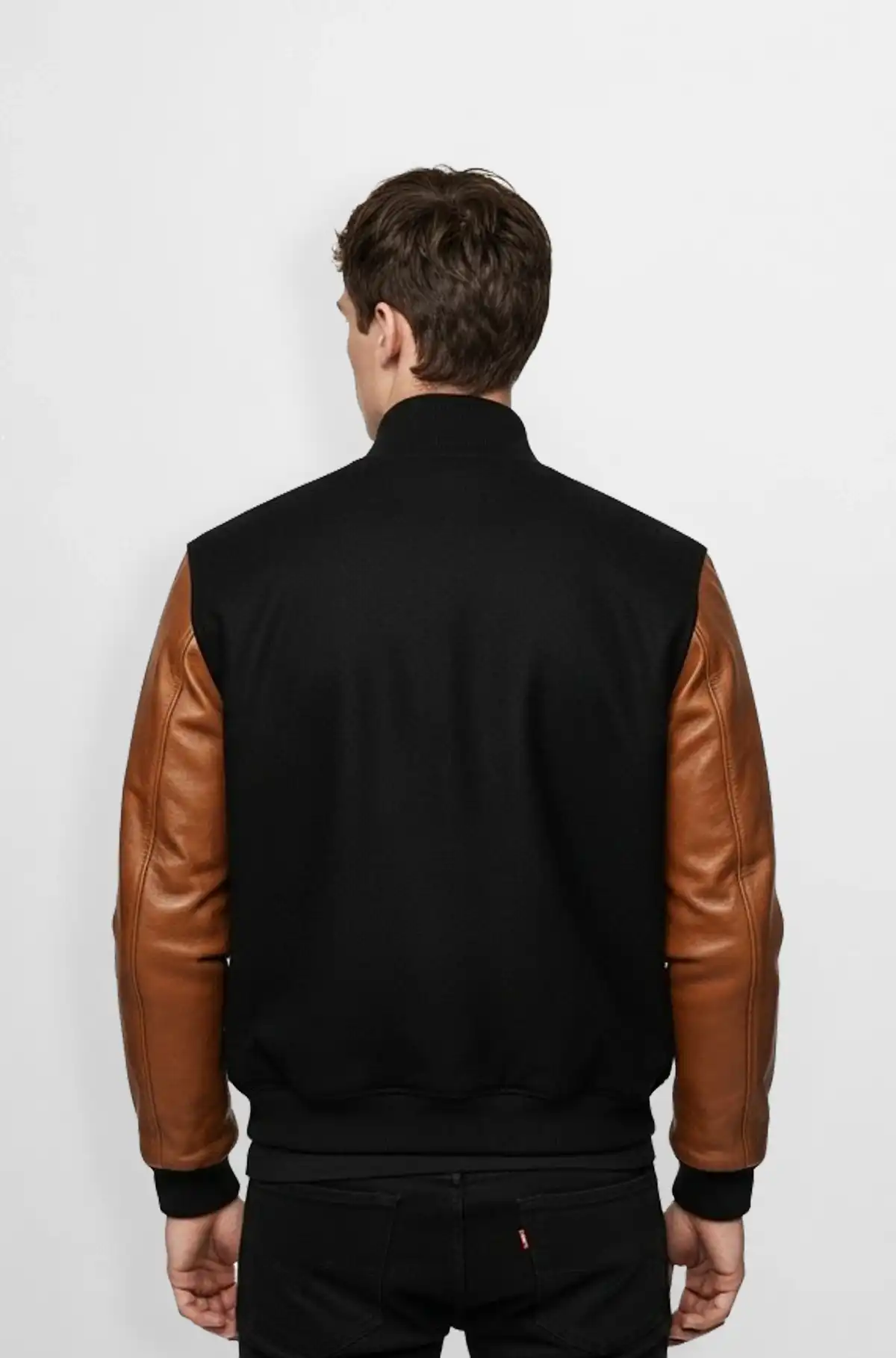 Black Grid Wool Leather Varsity Jacket