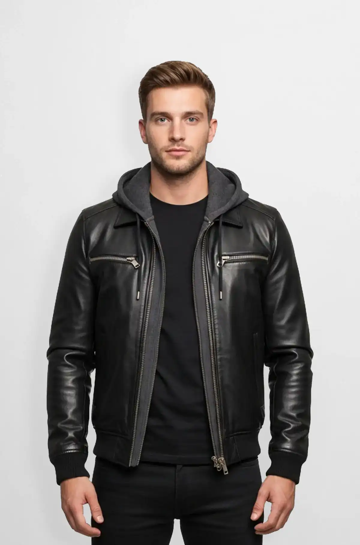 Black Hooded Bomber Leather Jacket