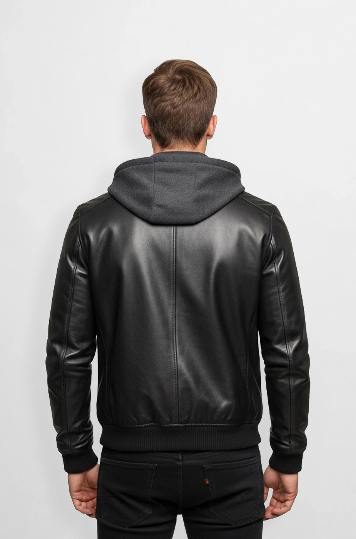 Black Hooded Bomber Leather Jacket